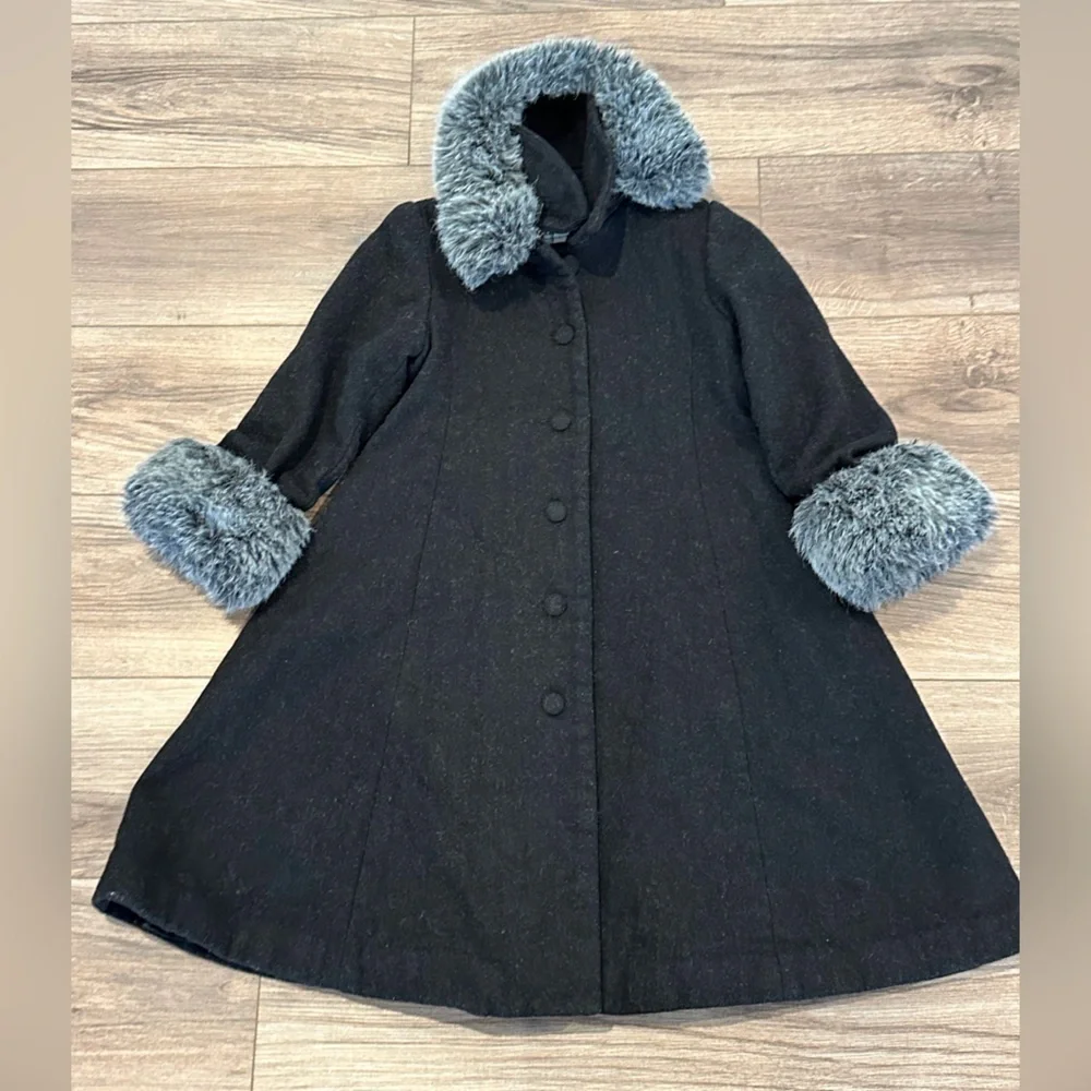 Florence Eisman Girls 6 Gray/Black Dressy Coat with Faux Fur Trim